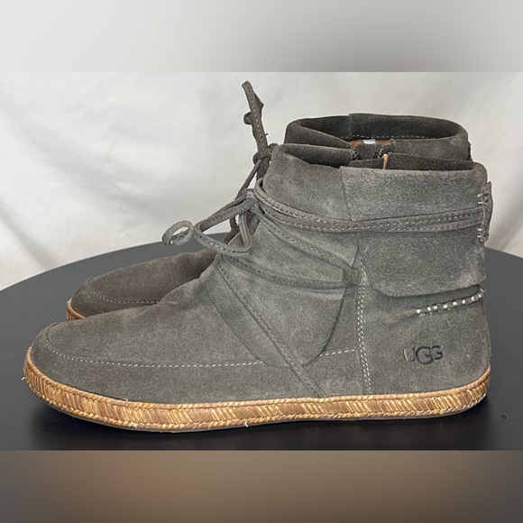UGG Reid Suede Moccasin Lace-Up Booties Grey / Green Zip Closure Winter - Picture 2 of 14